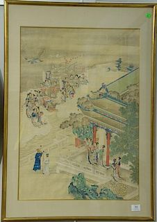19th Century Chinese painting on silk, courtyard scene along river's edge with Guanyin and scholars. 
sight size: 28" x 20"