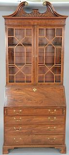 George III mahogany secretary desk in two parts with two glazed doors over drop front desk with leather writing surface over