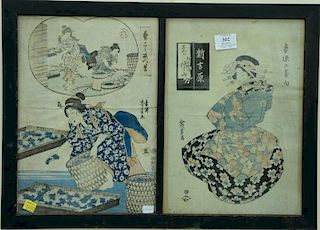 Pair of Japanese colored wood block in double frames of Geisha. 
sight size: 13 1/2" x 9 1/2" 
Provenance: 
From the Estate o