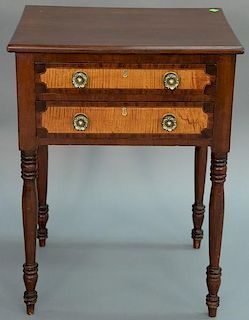 Sheraton cherry stand with two drawers faced with tiger maple on turned legs, circa 1830. 
height 28 1/2 inches, top: 17" x 2