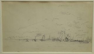 Dennis Miller Bunker (1861-1890)pencil sketch drawing"Seashore with Boats"unsignedlabel on verso: Berry-Hill Galleries, New Y