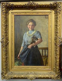 Edmund Adler (1876-1965) 
oil on canvas  
Holding the Kitten 
signed top right: Edmund A. Rode 
18 3/4" x 12 1/4"