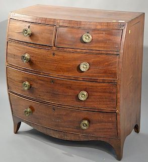 George III mahogany chest having kettle style front with two short drawers over three long drawers, set on French feet. 
heig