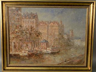 Morgan (American, b. 1958) oil on canvas Impressionistic European City Canal Scene signed lower right: Morgan 29 1/2" x 3
