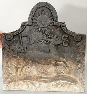 Iron fireback with deer, marked 1781. 
height 21 inches, width 19 1/2 inches