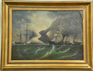 Oil on canvas mounted on board 
American Ship at Battle 
monogrammed lower right: J.D. 
20" x 28" 
Provenance: 
From the Esta