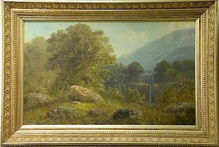 Oil on canvas  Mountainous Landscape with Waterfall  unsigned  having Thomas McCormick receipt  22" x 36"   Provenance:...