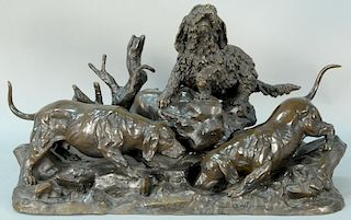 After Jules Moigniez (1835-1894) bronze, Fox Hole with group of three dogs ratting on granite base.height 20 inches, width 32