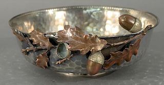 Gorham multi metal bowl, hand hammered sterling silver mounted with copper oak leaves and acorns on one side, opposite side m