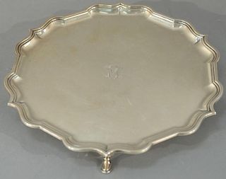 English silver footed salver (monogrammed).   height 1 1/4 inches, diameter 12 1/4 inches  27.5 troy ounces   Provenance:...