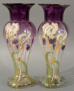 Pair of enameled glass iris vases with heavy floral enameling.   height 13 1/2 inches  Provenance: From the Estate of Faith K