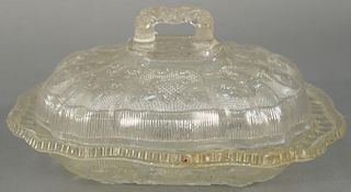 Sandwich glass covered vegetable dish with handle (bowl has repaired edge).  height 5 inches, length 10 1/2 inches
