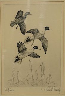 Group of four etchings to include:  Peter Markham Scott (1909-1989)  Pintail Going Fast Over the Reed Beds  pencil signed low