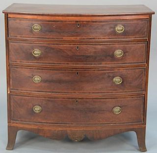 George III mahogany bow front chest on French feet, top with banded inlay, circa 1800. 
height 39 1/2 inches, width 39 1/2 in