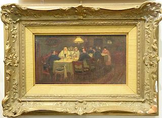Jerome Myers (1867-1940) 
oil on board 
At the Dinner Table 
signed lower right: Jerome Myers 
7" x 12 1/2"