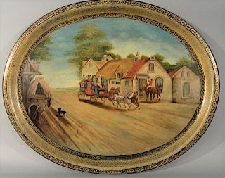 Jennens & Bettridge papier mache oval tray having painted stage coach scene with houses marked Jennens & Bettridge makers to