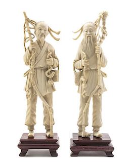 Two Chinese Carved Ivory Figures of Fishermen, Height 9 1/4 inches.