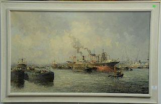 Marinus Johannes de Jongere (1912-1978) 
oil on canvas 
Ships in the Harbor 
signed lower left: M. De Jongere 
23 1/2" x 39 1