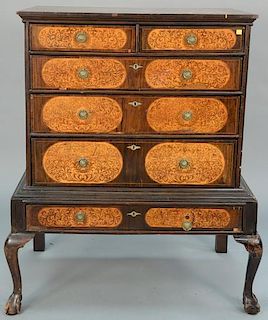 George II chest on frame in two parts having oval panel inlaid drawers (restored)