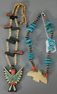 NO CREDIT CARDS FOR JEWELRY  Two necklaces to include one turquoise silver coral and bone, and one ebony, coral and turquoise