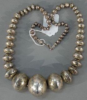 NO CREDIT CARDS FOR JEWELRY  Southwest U.S. silver beaded necklace, largest being 1 1/2 inches.  length 24 inches  3.7 troy o