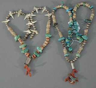 NO CREDIT CARDS FOR JEWELRY  Two silver and turquoise necklaces mounted with shells, coral, and mother of pearl.  length 24 i