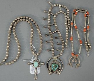 NO CREDIT CARDS FOR JEWELRY  Three silver squash blossom necklaces, two mounted with turquoise and one with coral.  lengths 2