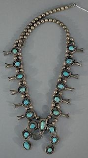 NO CREDIT CARDS FOR JEWELRY Silver and turquoise squash blossom necklace.  length 25 inches  Credit card payments will not be