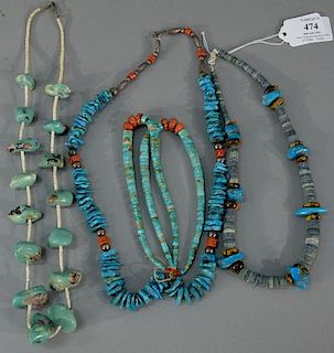 NO CREDIT CARDS FOR JEWELRY  Five turquoise necklaces, one mounted with tiger eye and four with coral and silver.   lengths 1