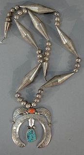 NO CREDIT CARDS FOR JEWELRY  Silver squash blossom necklace mounted with turquoise and coral.  length 28 inches  Credit card