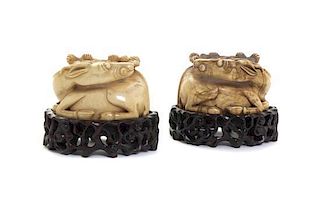 A Pair of Carved Ivory Stag Form Coupes, Width at widest 3 1/8 inches.