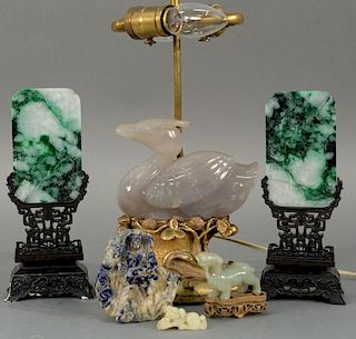 Six piece group of Asian hardstone pieces to include agate carved duck figure made into a table lamp, a pair of jadeite small