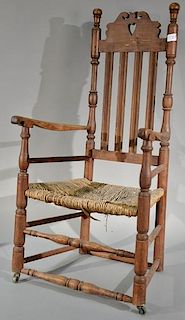 Bannister back great chair having heart carved top with bold turned legs and stiles (low).