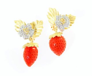 STRAWBERRY CORAL DIAMOND GOLD EARRINGS