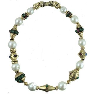 14K PEARL & COLORED STONE NECKLACE