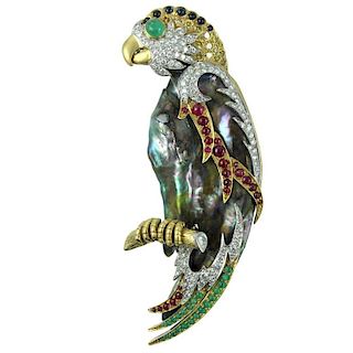 VERY LARGE 18K MOTHER OF PEARL & DIAMOND PARROT