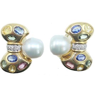 18K PEARL & COLORED STONE EARRING