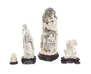 A Group of Three Chinese Ivory Figural Carvings, Height of tallest 12 1/2 inches.
