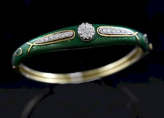 Stamped 14k yellow gold, green enamel and diamond French bracelet