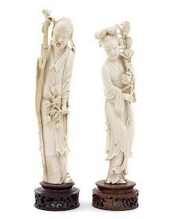 Two Chinese Carved Ivory Figures, Height of taller 12 7/8 inches.