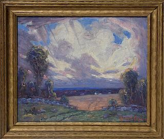 Oil on board, landscape titled "Purple Dawn" by Walter W. Thompson
