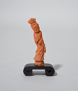 Chinese carved red coral figure of Quan Yin