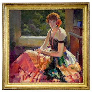Oil on canvas of young woman seated by a window in a colorful dress