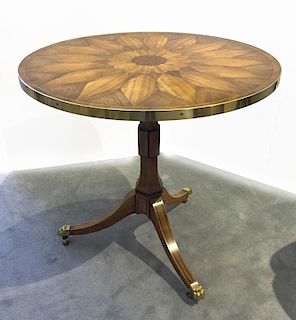Pair of round fruitwood with exotic wood inlay side tables