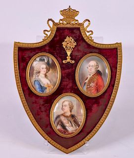 3 Miniature 19th C. Portraits in Bronze Shield