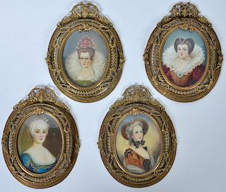 4 Hand Painted 19th C. Framed Miniature Portraits