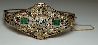 JEWELRY. 14kt Gold, Diamond, and Emerald Bracelet.