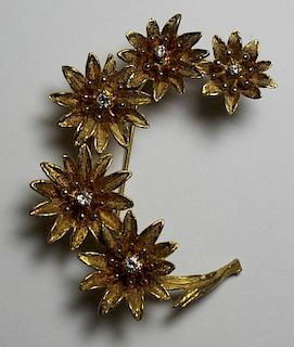 JEWELRY. Signed 14kt Gold & Diamond Floral Brooch.