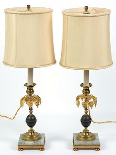 Pr 19th c Gilt & Bronze Lamps/ Marble Bases