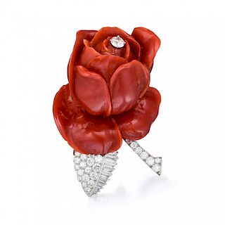 An Oxblood Coral and Diamond Platinum Brooch